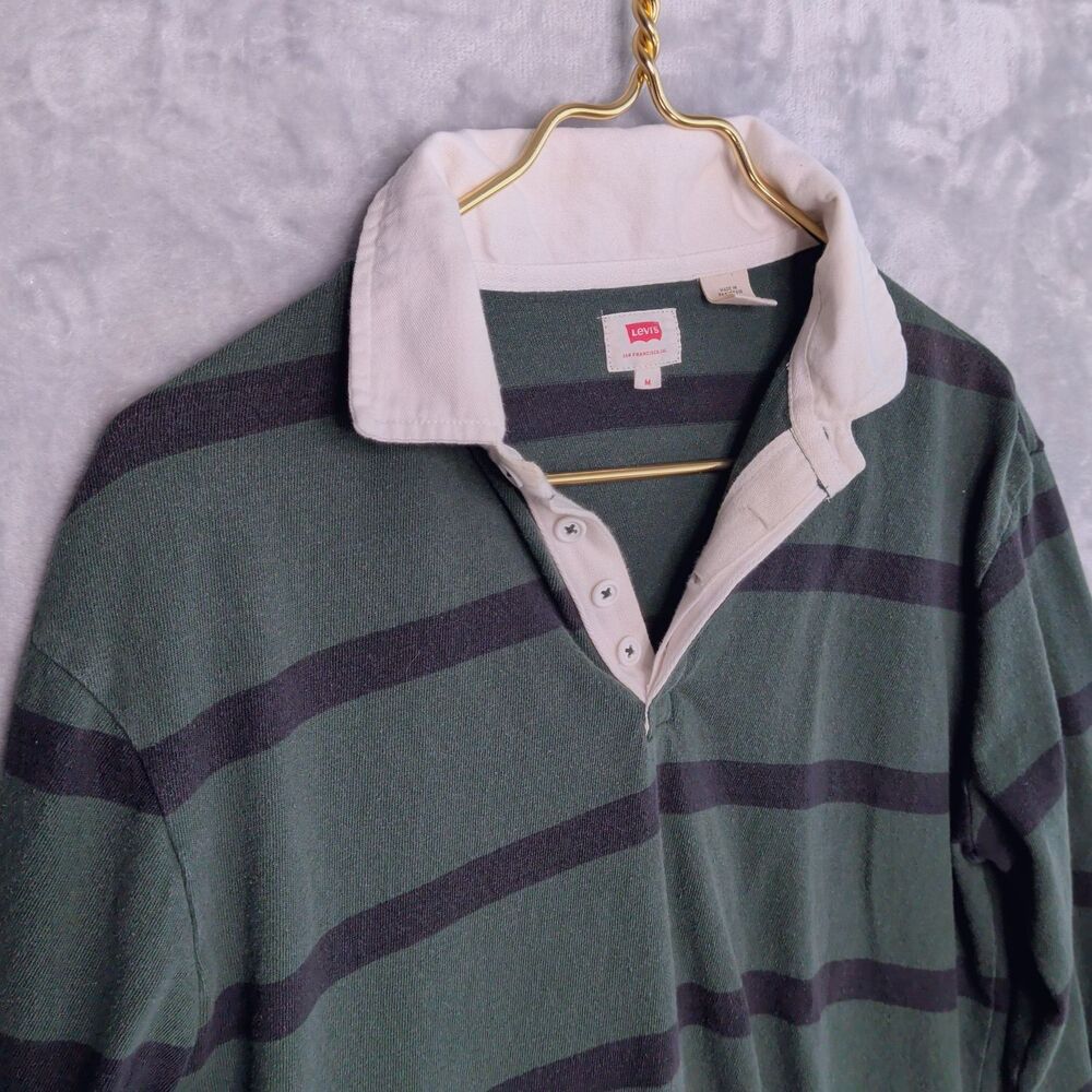 LEVIS Green & Black Striped Rugby Polo Shirt Size M Classic Retro Cotton Preppy - Picture 4 of 7